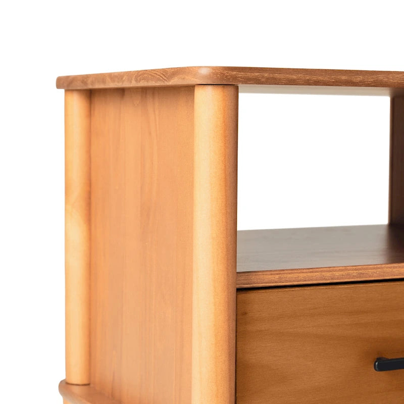 Nachttisch im Mid-Century Modern Stil aus massiver Kiefer mit Spindeln, Schublade und offenem Fach