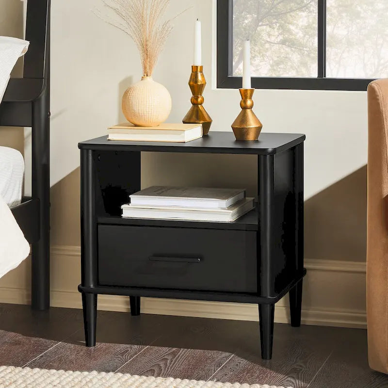 Nachttisch im Mid-Century Modern Stil aus massiver Kiefer mit Spindeln, Schublade und offenem Fach