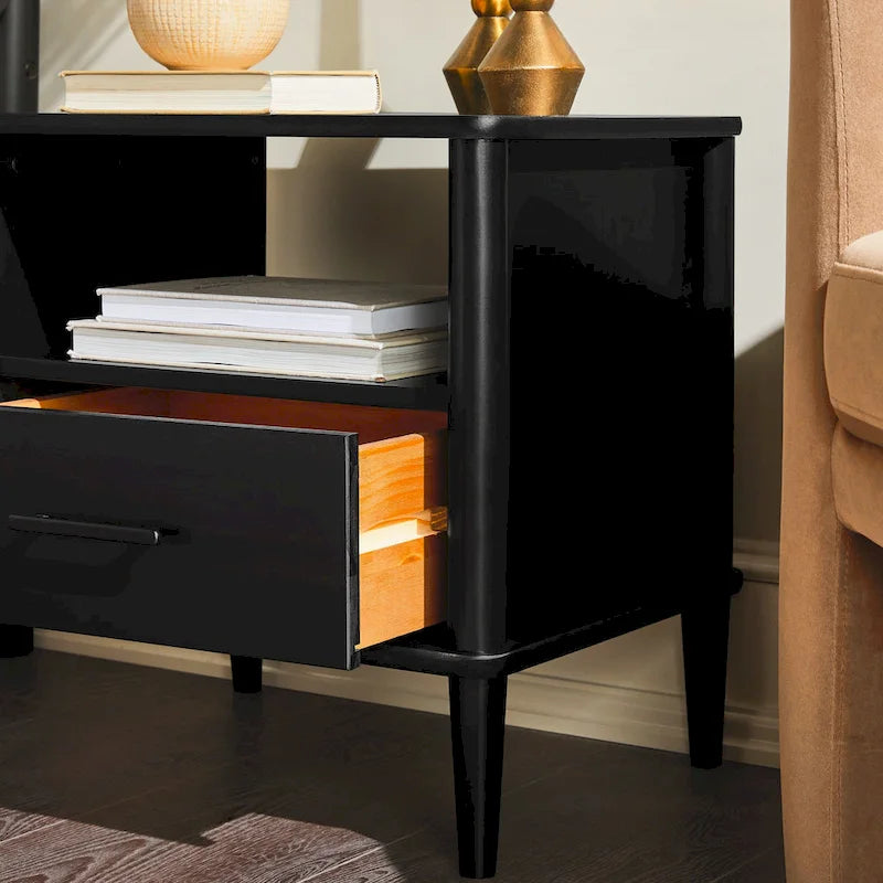 Nachttisch im Mid-Century Modern Stil aus massiver Kiefer mit Spindeln, Schublade und offenem Fach