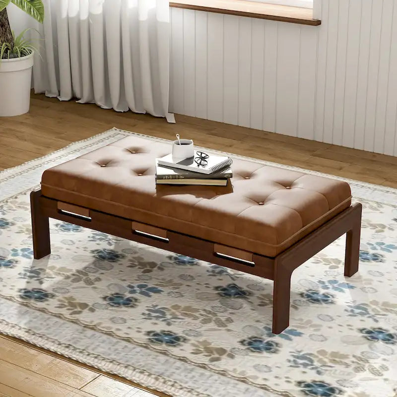 48,4" rechteckiger, getufteter Ottoman-Couchtisch aus PU-Leder mit Gestell aus Kautschukholz