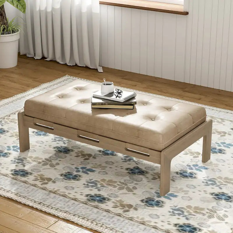 48,4" rechteckiger, getufteter Ottoman-Couchtisch aus PU-Leder mit Gestell aus Kautschukholz