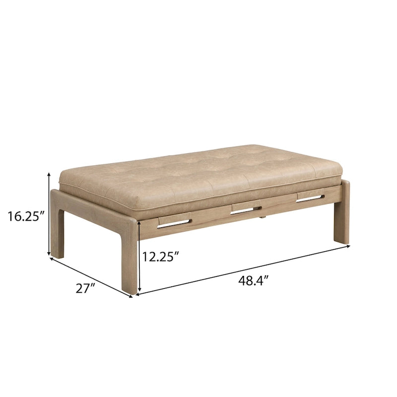 48,4" rechteckiger, getufteter Ottoman-Couchtisch aus PU-Leder mit Gestell aus Kautschukholz