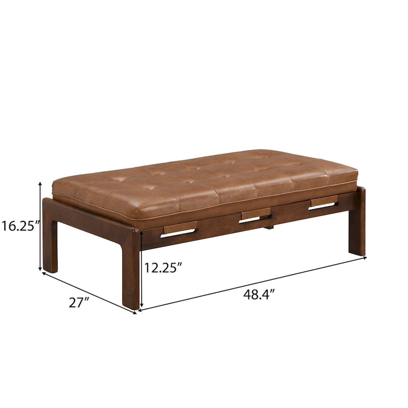 48,4" rechteckiger, getufteter Ottoman-Couchtisch aus PU-Leder mit Gestell aus Kautschukholz