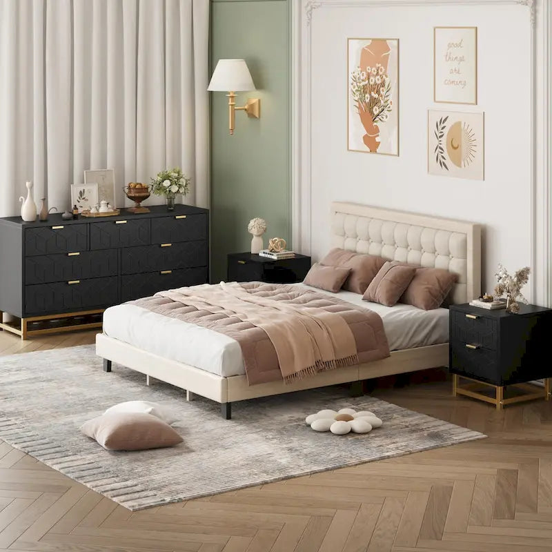 7-Schubladen-Kommode fürs Schlafzimmer, 136 cm breit mit goldenen Metallbeinen