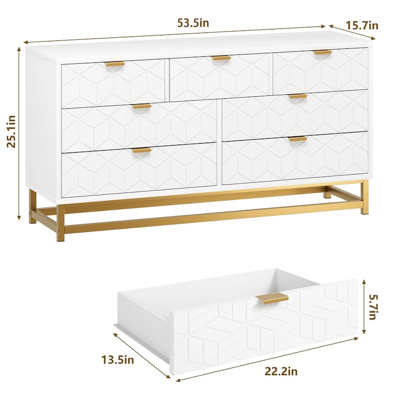 7-Schubladen-Kommode fürs Schlafzimmer, 136 cm breit mit goldenen Metallbeinen