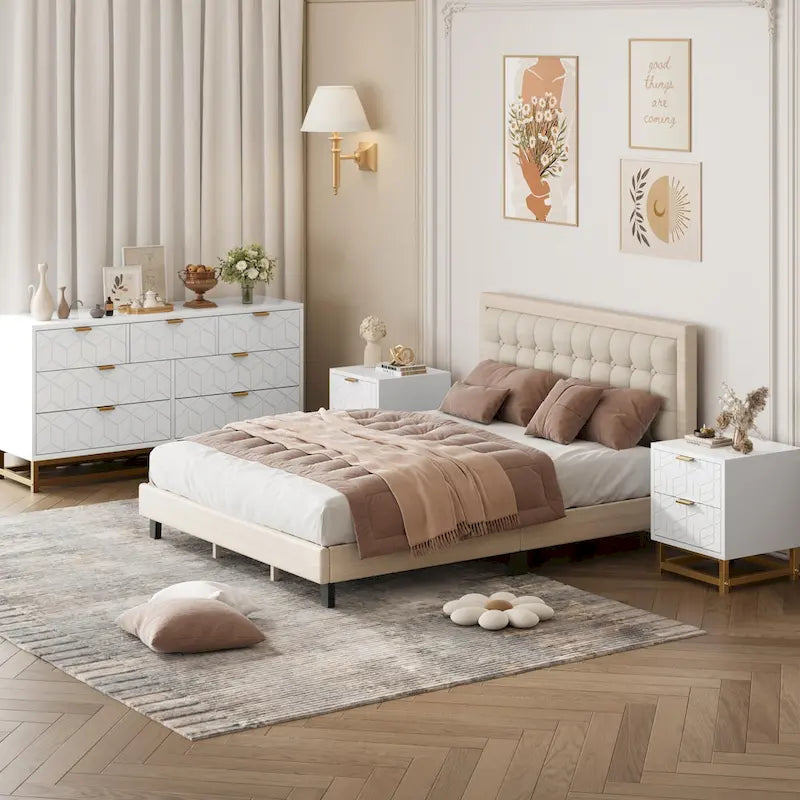 7-Schubladen-Kommode fürs Schlafzimmer, 136 cm breit mit goldenen Metallbeinen