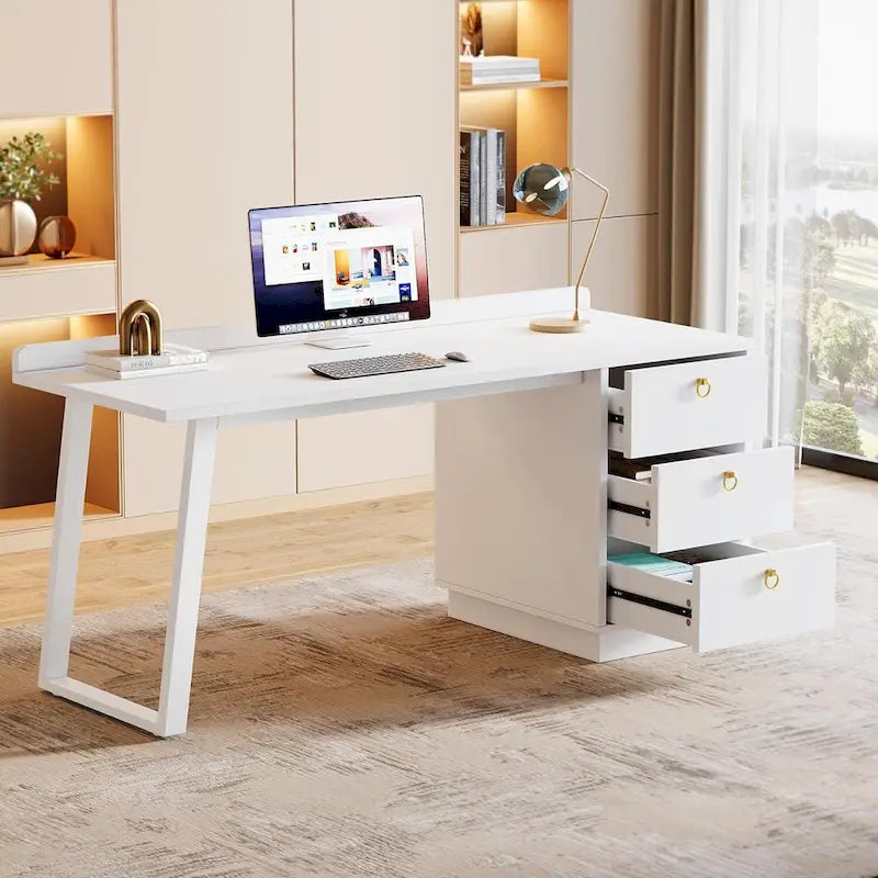 Weißer Computertisch mit Schubladen, 140 cm moderner Home Office Schreibtisch mit Stauraum