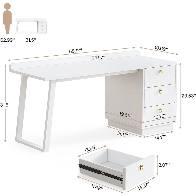 Weißer Computertisch mit Schubladen, 140 cm moderner Home Office Schreibtisch mit Stauraum