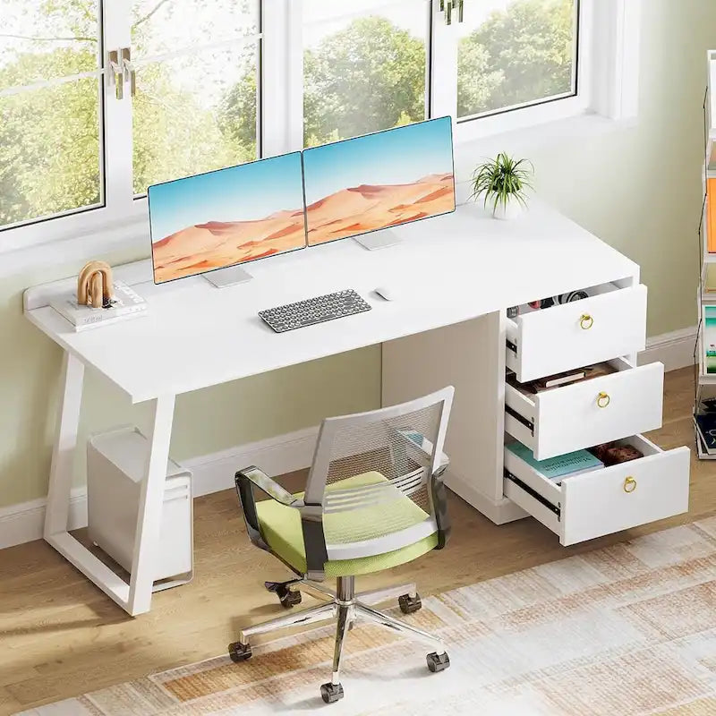 Weißer Computertisch mit Schubladen, 140 cm moderner Home Office Schreibtisch mit Stauraum