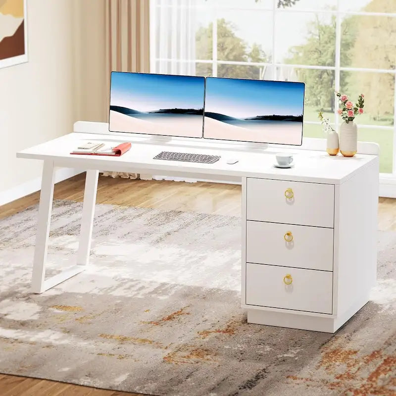 Weißer Computertisch mit Schubladen, 140 cm moderner Home Office Schreibtisch mit Stauraum