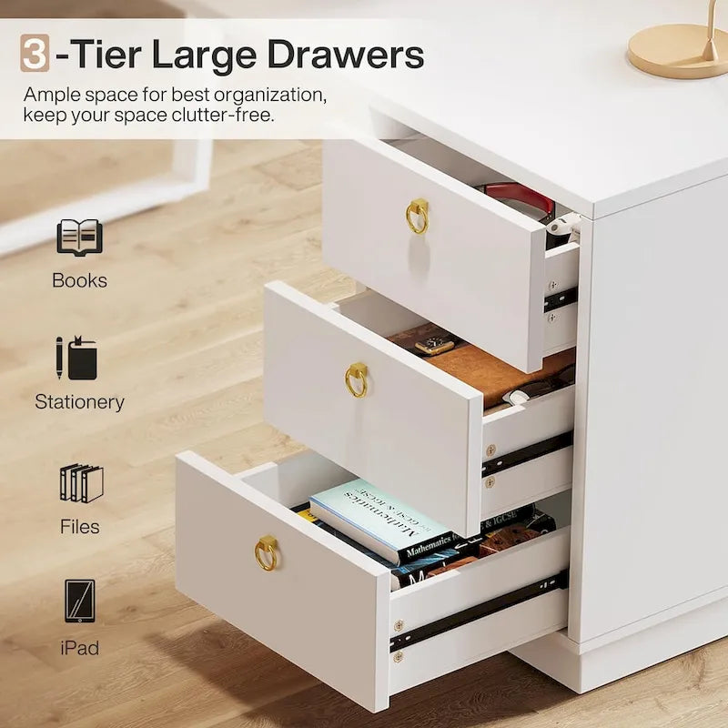 Weißer Computertisch mit Schubladen, 140 cm moderner Home Office Schreibtisch mit Stauraum