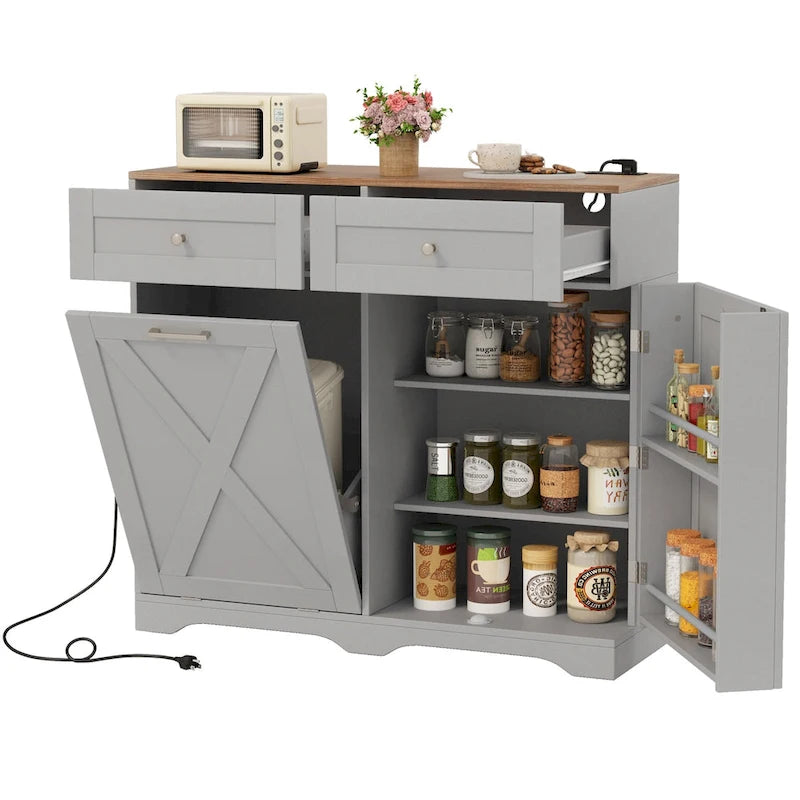 Mülleimerschrank zum Kippen mit Steckdosen, 2 Schubladen und verstellbarem Einlegeboden