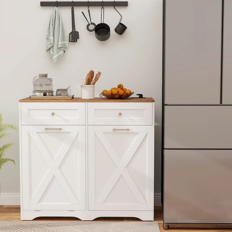 Mülleimerschrank zum Kippen mit Steckdosen, 2 Schubladen und verstellbarem Einlegeboden