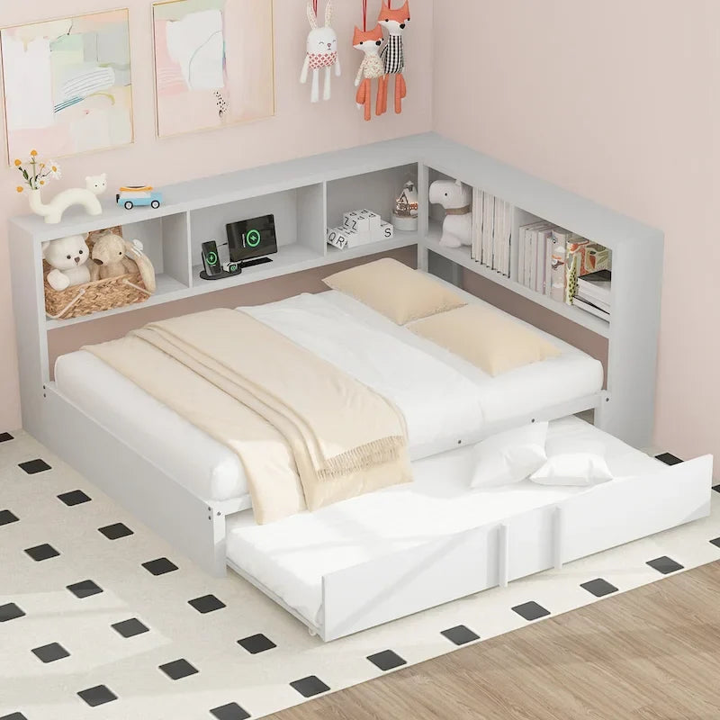Metall-Tagesbett mit Ausziehbett, Lagerschränken und USB-Anschlüssen