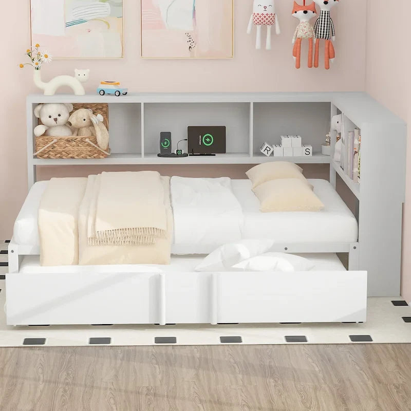 Metall-Tagesbett mit Ausziehbett, Lagerschränken und USB-Anschlüssen