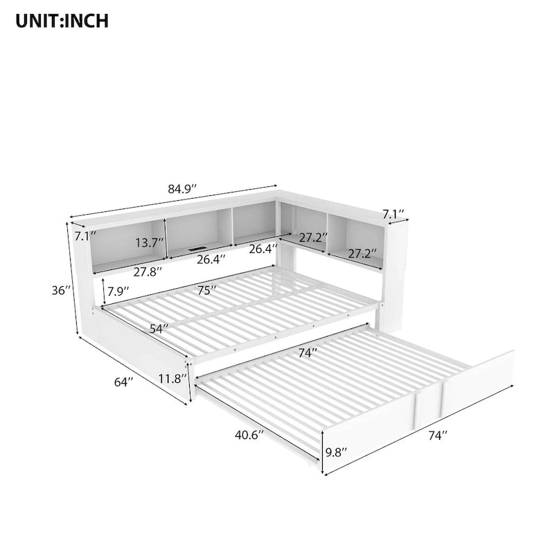 Metall-Tagesbett mit Ausziehbett, Lagerschränken und USB-Anschlüssen