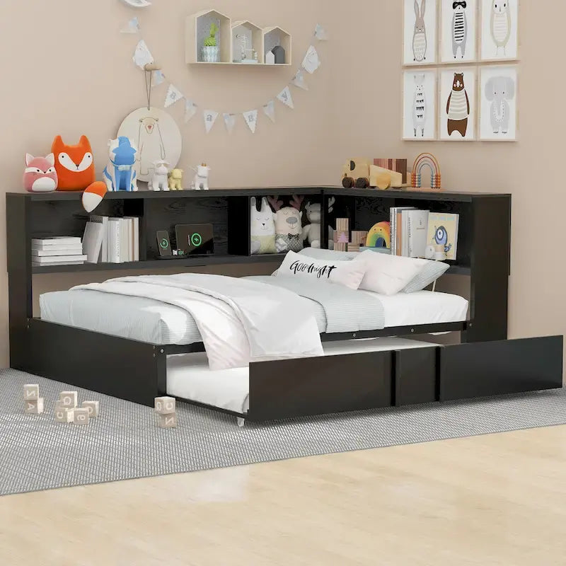 Metall-Tagesbett mit Ausziehbett, Lagerschränken und USB-Anschlüssen