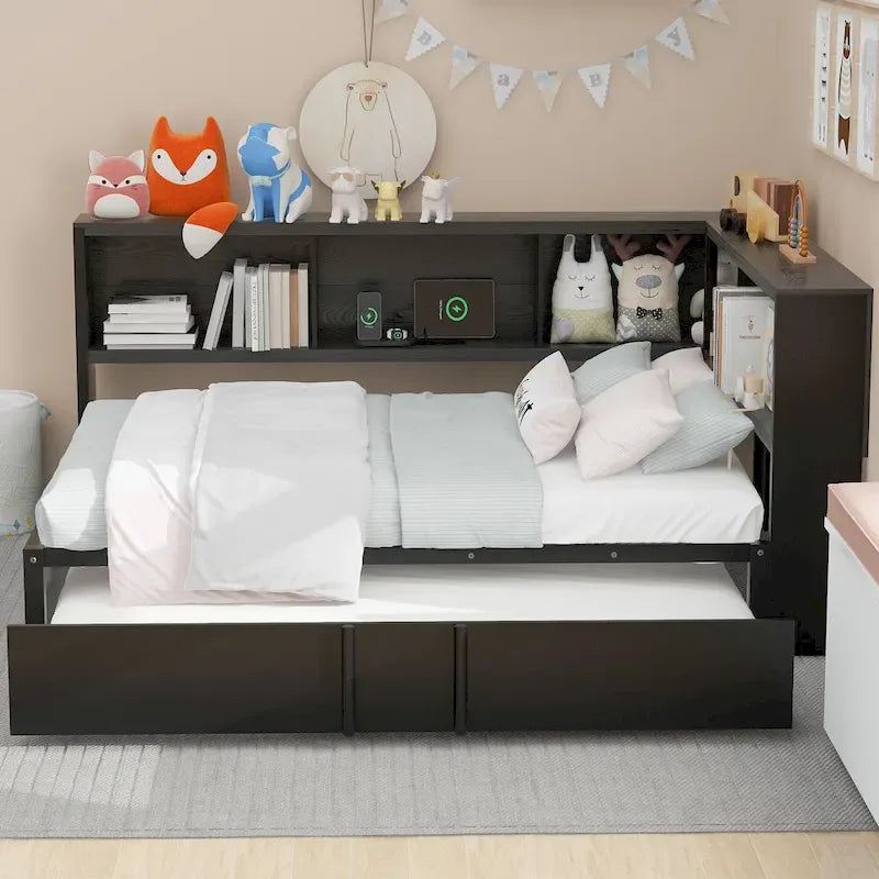 Metall-Tagesbett mit Ausziehbett, Lagerschränken und USB-Anschlüssen