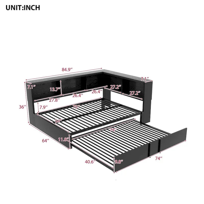 Metall-Tagesbett mit Ausziehbett, Lagerschränken und USB-Anschlüssen