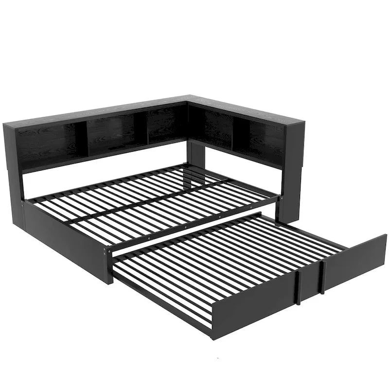 Metall-Tagesbett mit Ausziehbett, Lagerschränken und USB-Anschlüssen