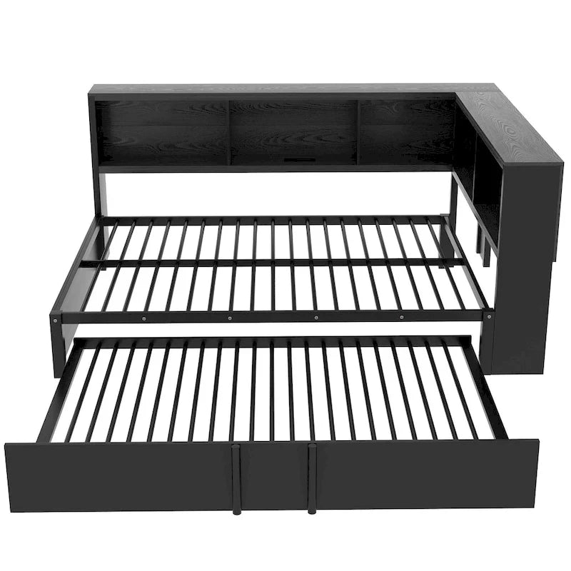 Metall-Tagesbett mit Ausziehbett, Lagerschränken und USB-Anschlüssen