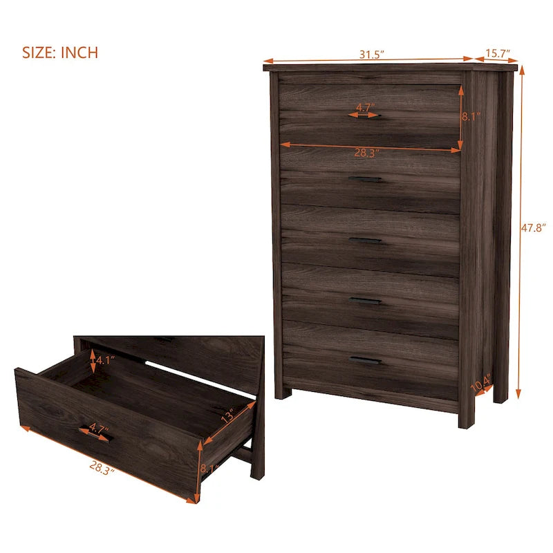 Vertikale Kommode aus Holz im Retro-Stil mit 5 Schubladen und Metallgriffen für das Schlafzimmer