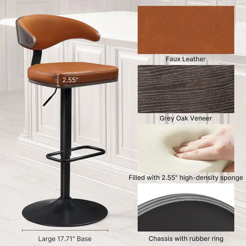 Barhocker aus gebogenem Holz mit Kunstleder und Drehfunktion, höhenverstellbar