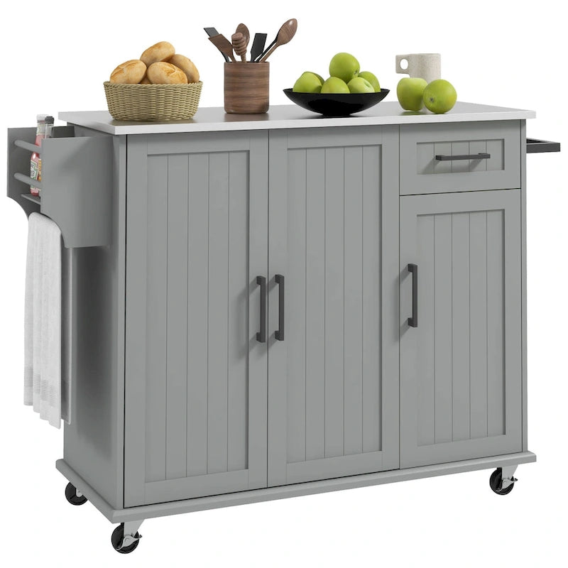 Rollbarer Küchenwagen mit Edelstahl-Arbeitsplatte, 3 Schränken und Schublade