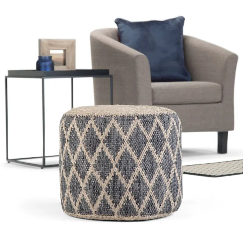 Boho runder Pouf, Natur geflochtene Jute und Baumwolle