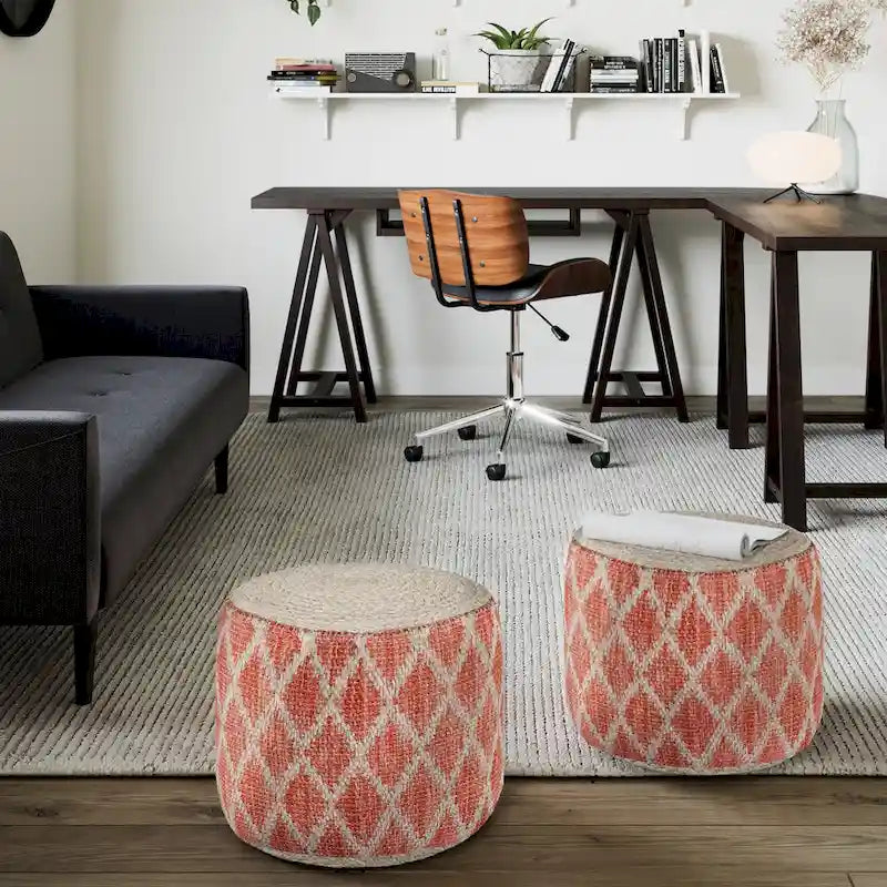 Boho runder Pouf, Natur geflochtene Jute und Baumwolle