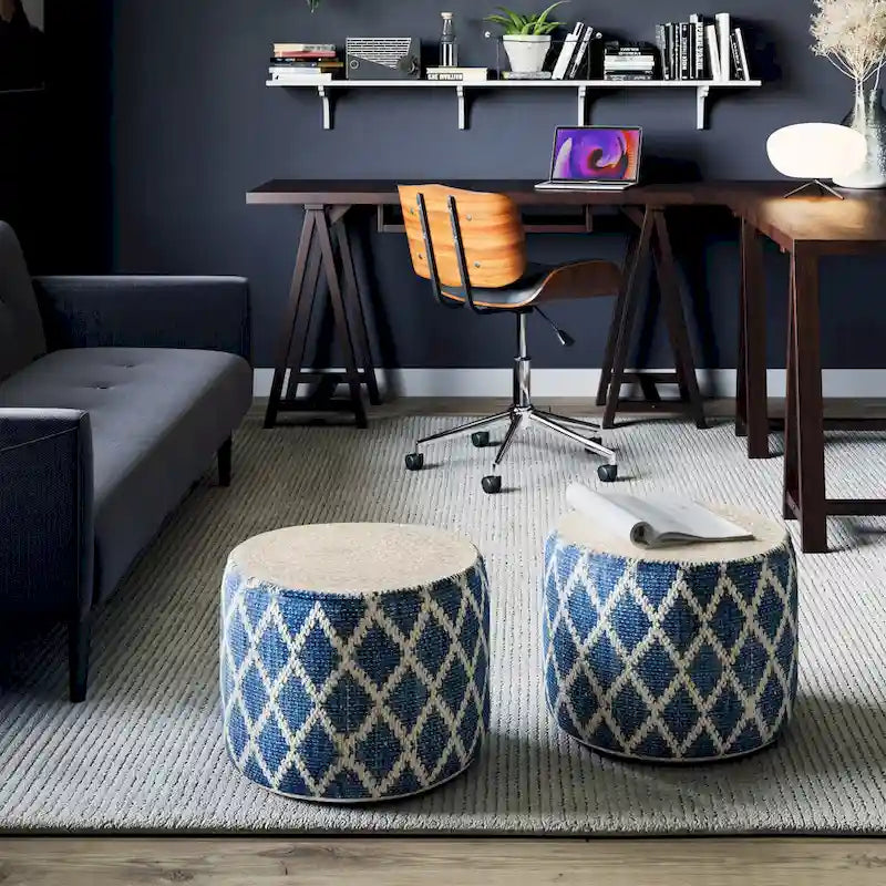 Boho runder Pouf, Natur geflochtene Jute und Baumwolle