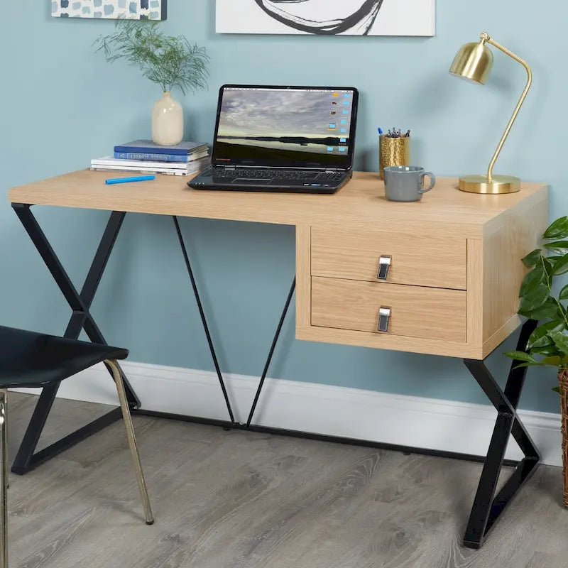 Retro-Schreibtisch mit 2 Schubladen und X-förmigen Metallbeinen, 120 cm