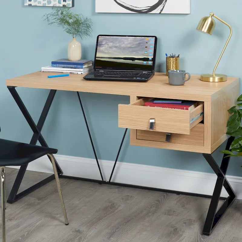 Retro-Schreibtisch mit 2 Schubladen und X-förmigen Metallbeinen, 120 cm