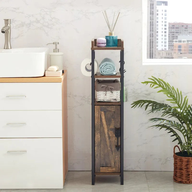 Holz hoher Badezimmerschrank Kleiner Badezimmerschrank Eckschrank mit Türen und Regalen Toilettenpapierhalter