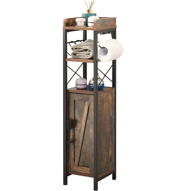Holz hoher Badezimmerschrank Kleiner Badezimmerschrank Eckschrank mit Türen und Regalen Toilettenpapierhalter