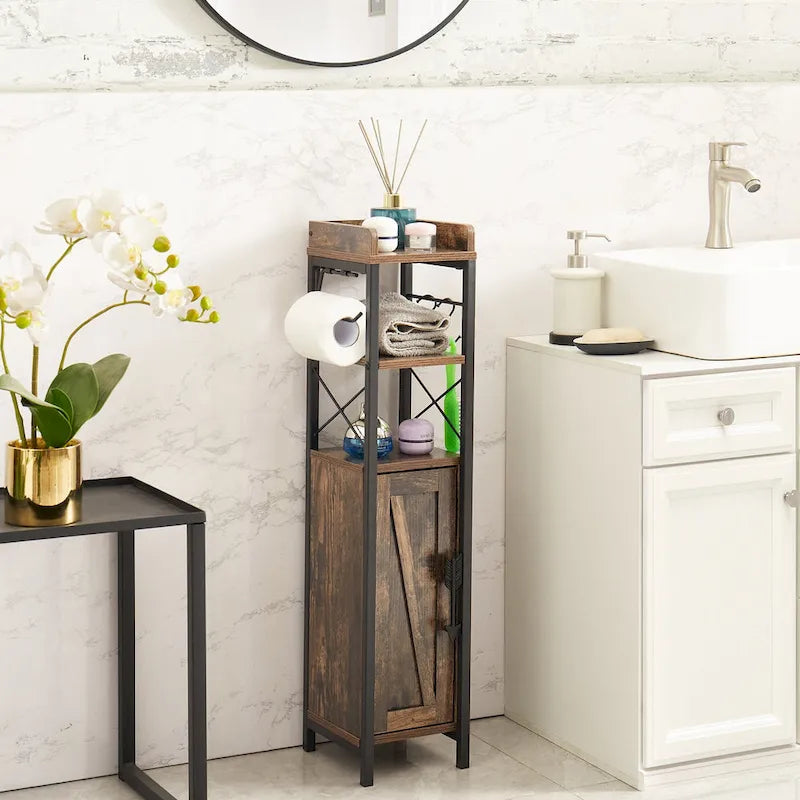 Holz hoher Badezimmerschrank Kleiner Badezimmerschrank Eckschrank mit Türen und Regalen Toilettenpapierhalter