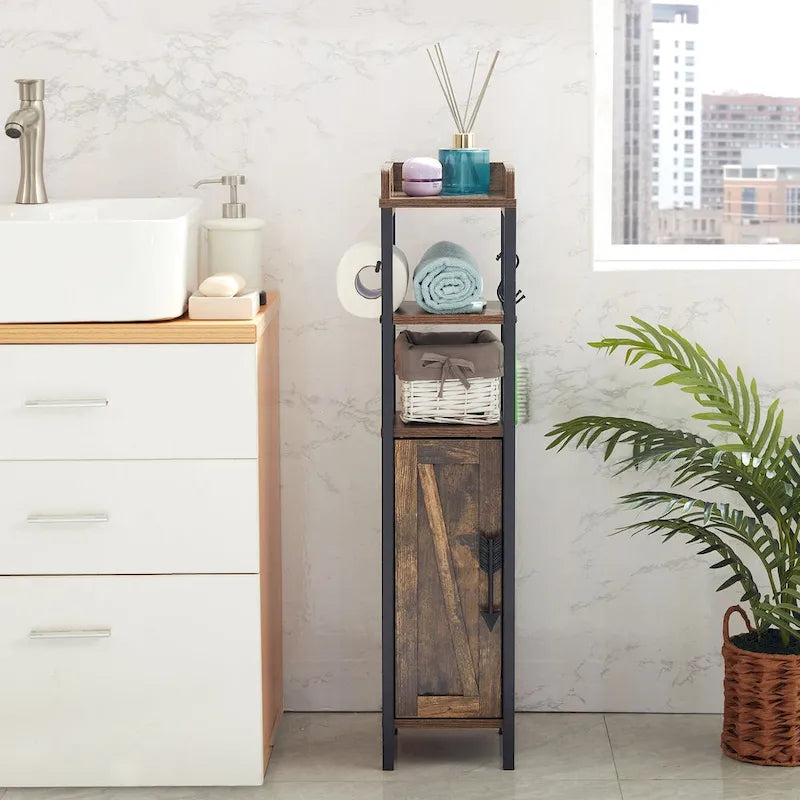 Holz hoher Badezimmerschrank Kleiner Badezimmerschrank Eckschrank mit Türen und Regalen Toilettenpapierhalter
