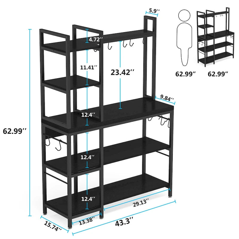 Braunes industrielles Holz-Bäckerregal mit Stauraum, schwarzer moderner Mikrowellenständer, 5-stöckiges Küchenregal