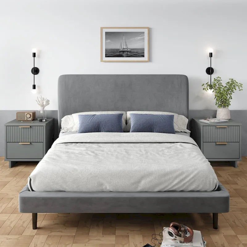 Nachttisch aus Massivholz mit 2 Schubladen und goldenen Griffen im Mid-Century-Stil, 2er-Set