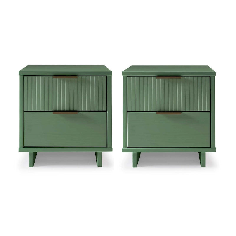Nachttisch aus Massivholz mit 2 Schubladen und goldenen Griffen im Mid-Century-Stil, 2er-Set