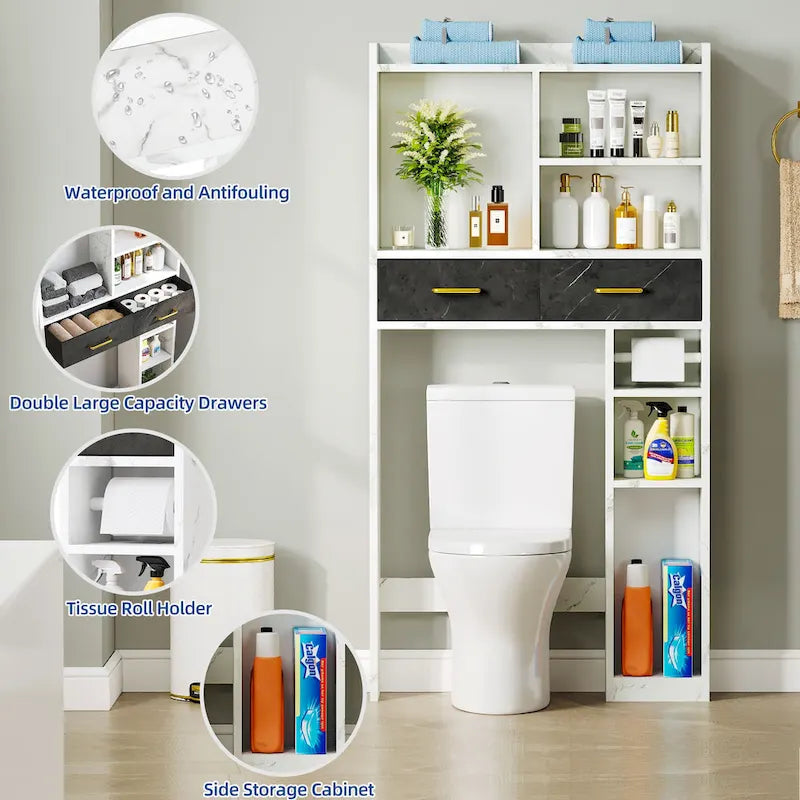 Über dem WC-Schrank für Badezimmeraufbewahrung mit Schubladen und Regalen