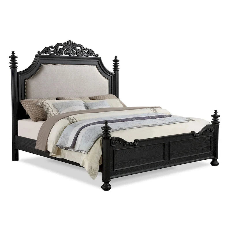 Kingsize-Bett mit geschwungenem Kopfteil, cremefarbener Polsterung und schwarzem Holz