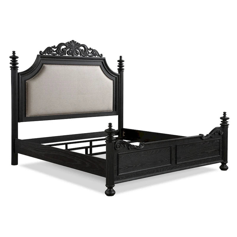 Kingsize-Bett mit geschwungenem Kopfteil, cremefarbener Polsterung und schwarzem Holz