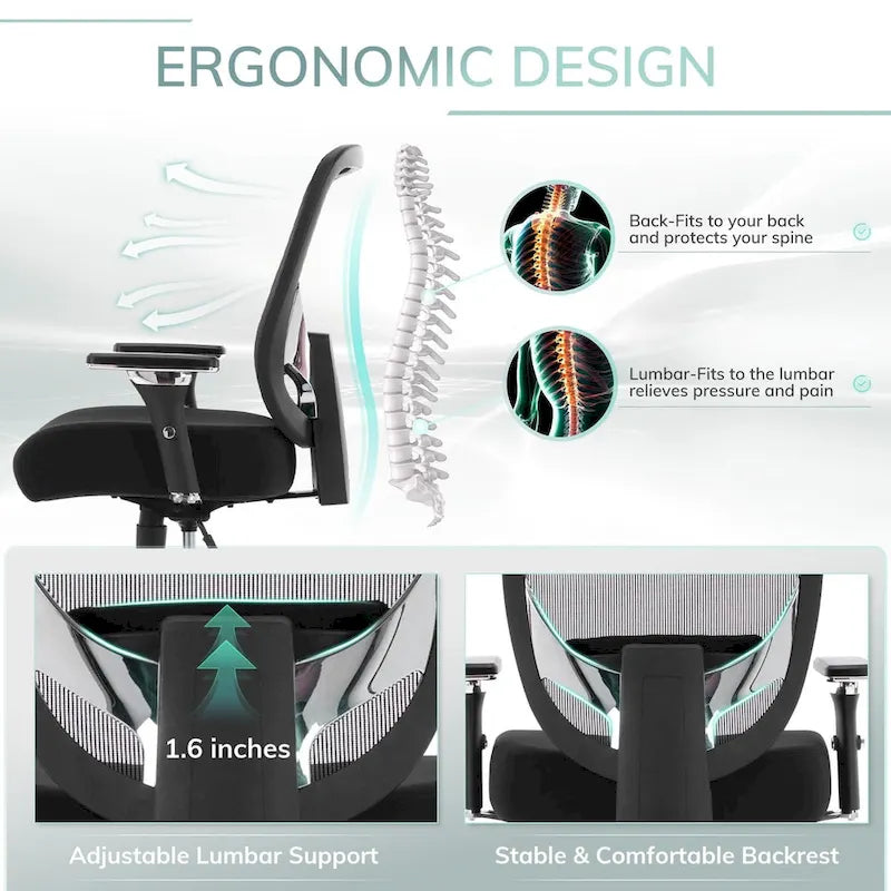 Großer und hoher, ergonomischer Schwerlast-Bürostuhl aus Netzstoff, 500 lbs, mit breiter, dicker Sitzfläche