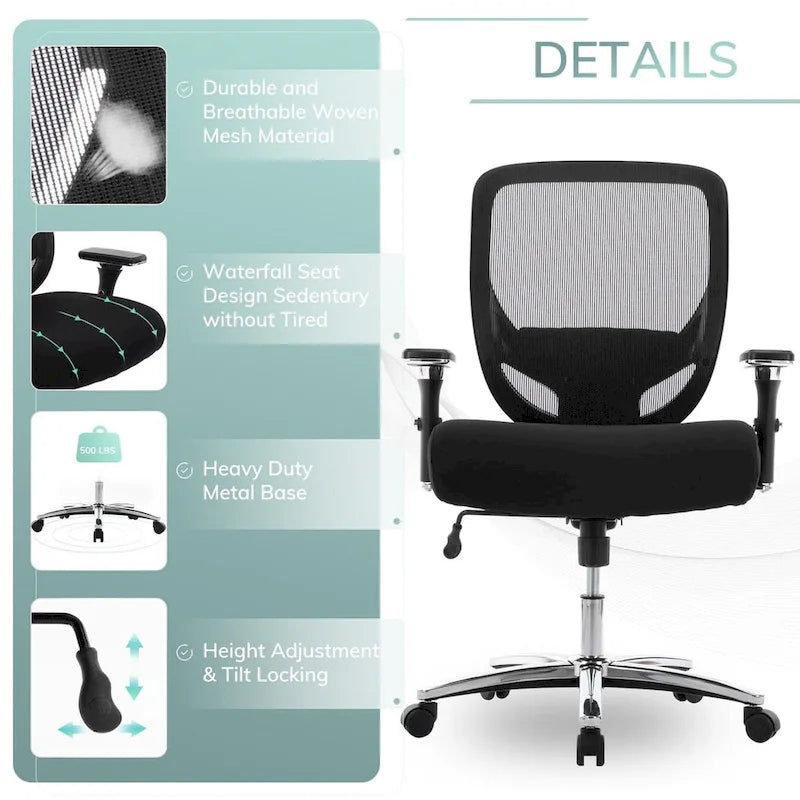 Großer und hoher, ergonomischer Schwerlast-Bürostuhl aus Netzstoff, 500 lbs, mit breiter, dicker Sitzfläche