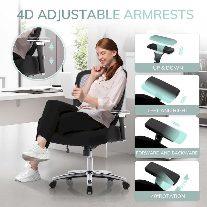 Großer und hoher, ergonomischer Schwerlast-Bürostuhl aus Netzstoff, 500 lbs, mit breiter, dicker Sitzfläche