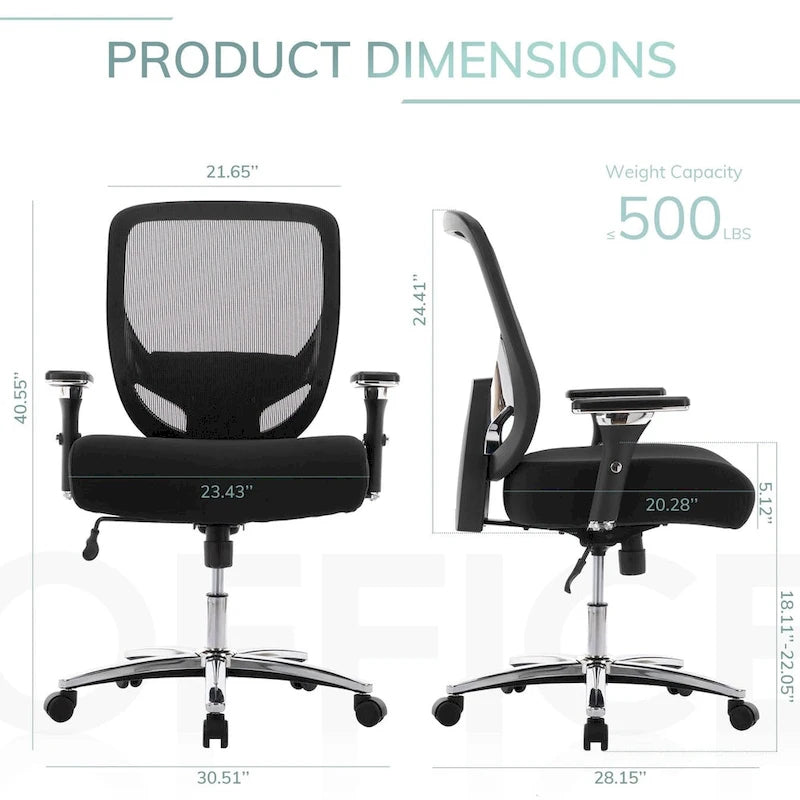 Großer und hoher, ergonomischer Schwerlast-Bürostuhl aus Netzstoff, 500 lbs, mit breiter, dicker Sitzfläche