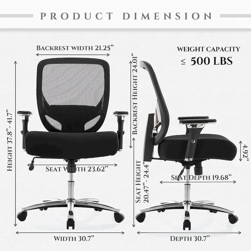 Großer und hoher, ergonomischer Schwerlast-Bürostuhl aus Netzstoff, 500 lbs, mit breiter, dicker Sitzfläche
