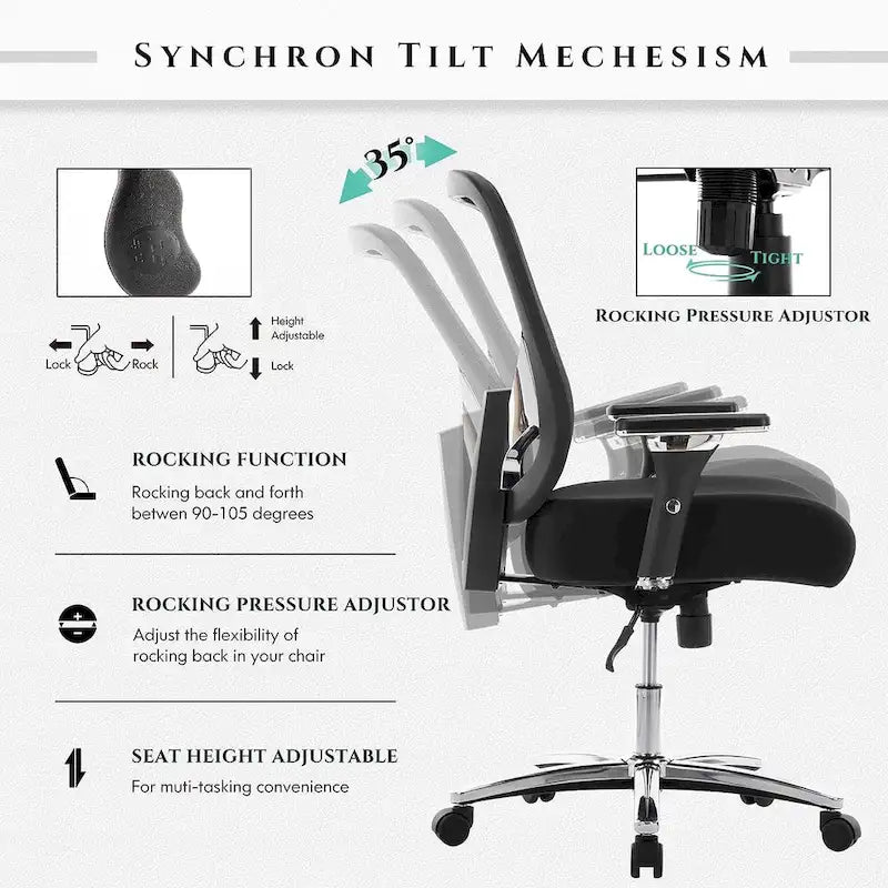 Großer und hoher, ergonomischer Schwerlast-Bürostuhl aus Netzstoff, 500 lbs, mit breiter, dicker Sitzfläche