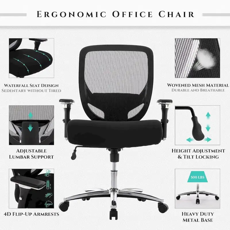 Großer und hoher, ergonomischer Schwerlast-Bürostuhl aus Netzstoff, 500 lbs, mit breiter, dicker Sitzfläche